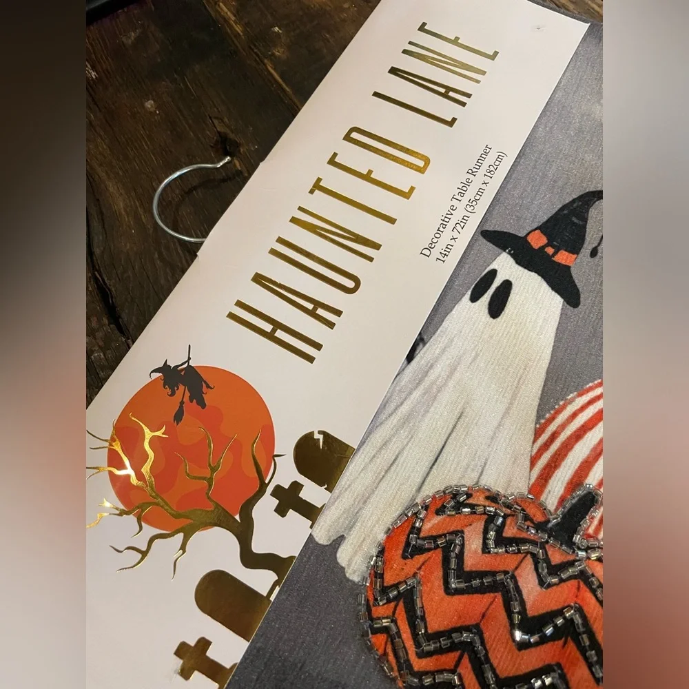 HAUNTED LANE NWT Halloween Bead Accent Ghost Pumpkin Decorative Table Runner